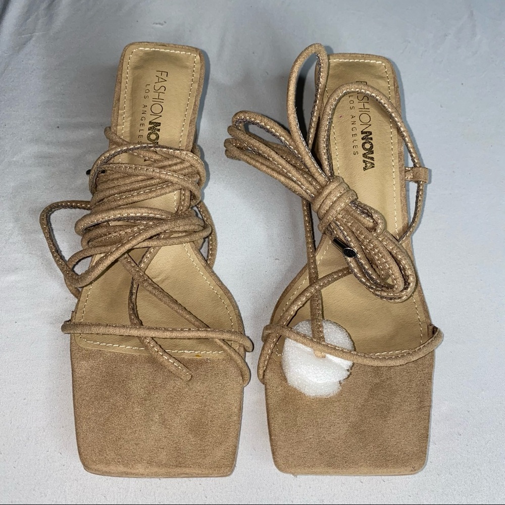 Fashion Nova Lace Up Taupe Block Heeled Sandals